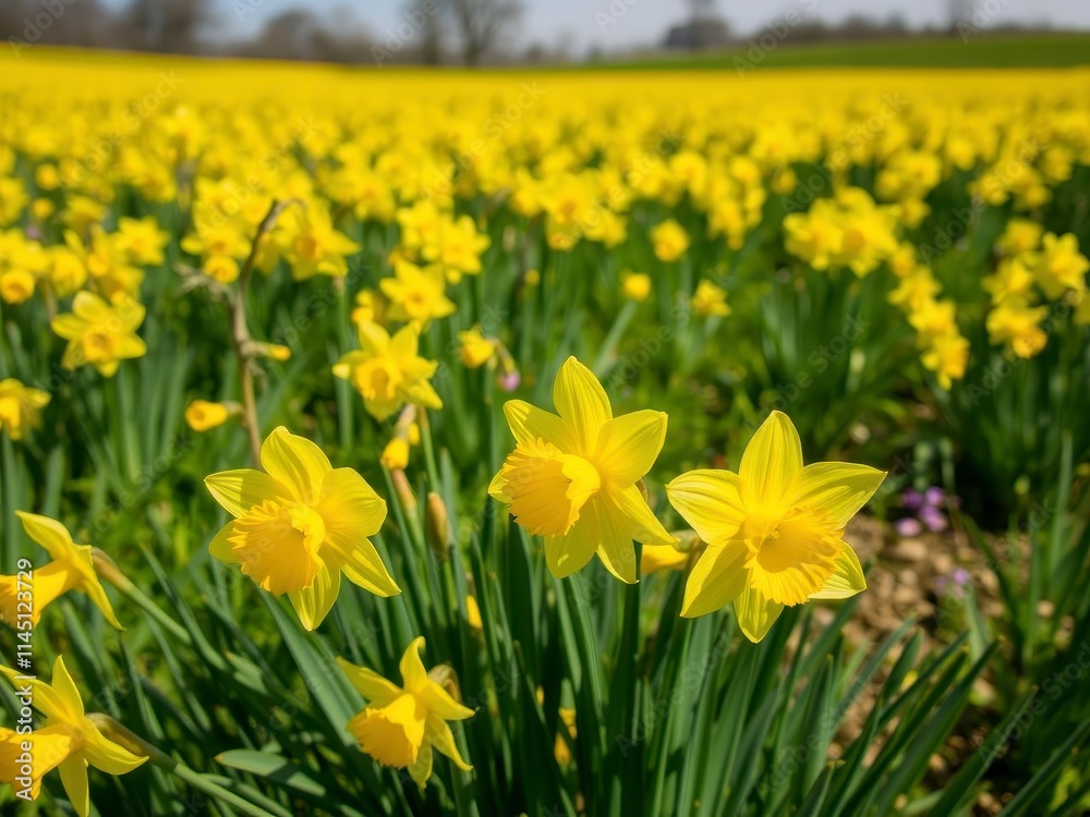 Sunlit field of vibrant yellow daffodil flowers stretching out as far as the eye can see, landscape, flowers, daffodils Sunlit field of vibrant yellow daffodil flowers stretching out as far as the eye can see, landscape, flowers, daffodils