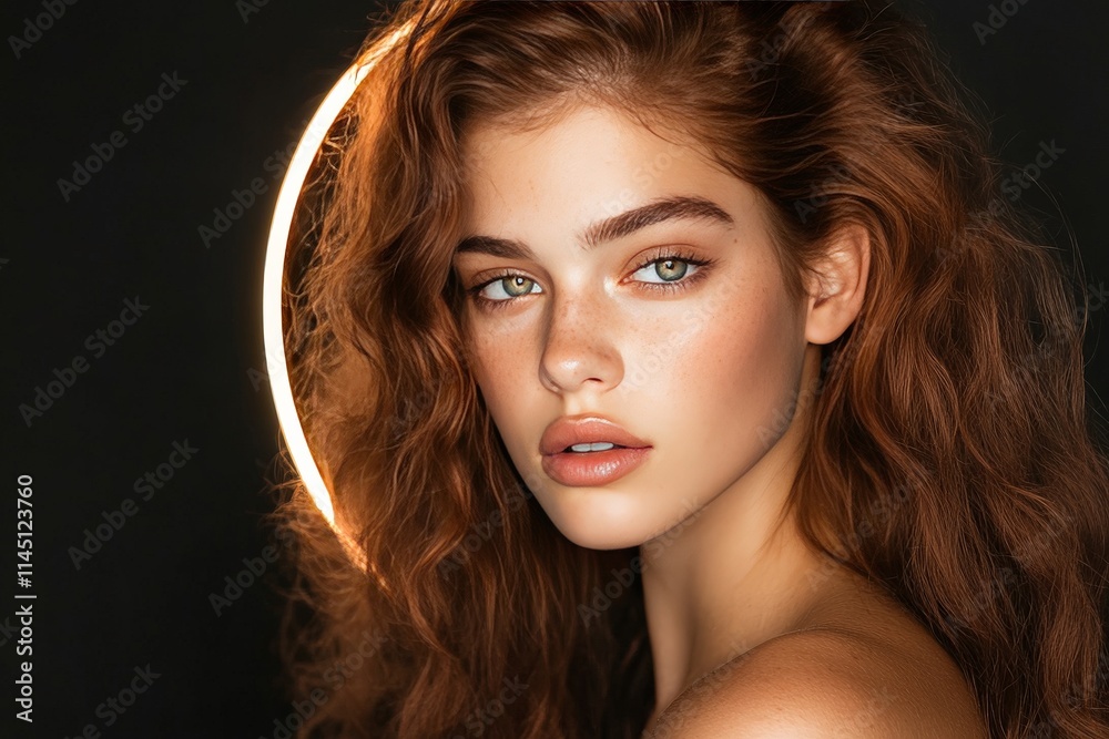 Fototapeta premium Glamorous young woman with soft curls and glowing complexion posing under a halo light in a dark studio setting radiating elegance and modern sophistication