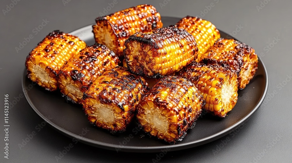 Delicious baked sweet corn on the cob garnished with fresh herbs and salt on a sleek black plate against a neutral grey backdrop Delicious baked sweet corn on the cob garnished with fresh herbs and salt on a sleek black plate against a neutral grey backdrop