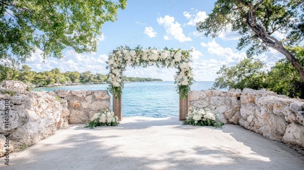 Oceanfront wedding ceremony arch with white flowers. Oceanfront wedding ceremony arch with white flowers.