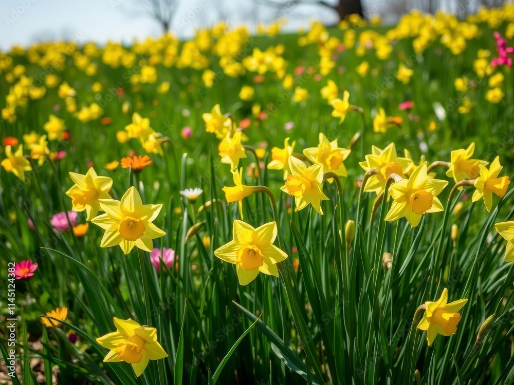 Vibrant yellow daffodil flowers blooming in a field under the sunlight, outdoors, daffodils Vibrant yellow daffodil flowers blooming in a field under the sunlight, outdoors, daffodils