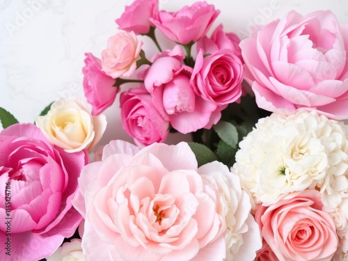 Vintage style artificial flowers wall background with a mix of roses, peonies, and hydrangeas in soft pastel colors, soft, peonies, style