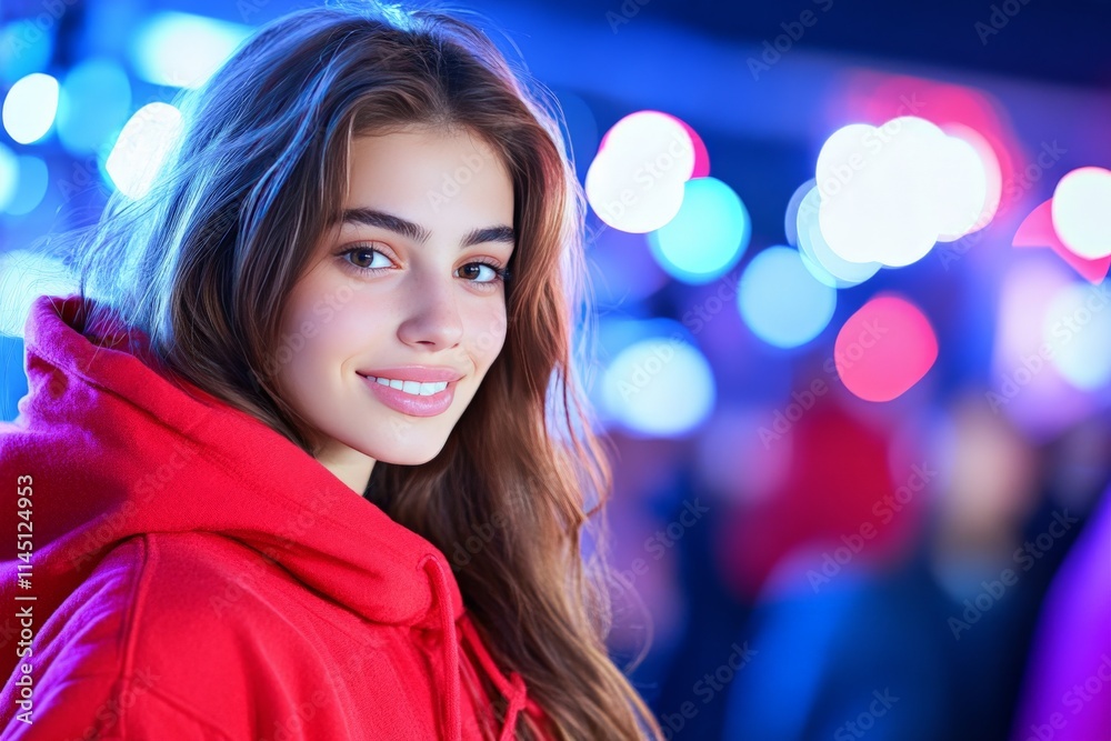 Urban outdoor portrait of a young woman in a red hoodie with bokeh city lights capturing casual style vibrant youth culture and glowing cityscape ambiance Urban outdoor portrait of a young woman in a red hoodie with bokeh city lights capturing casual style vibrant youth culture and glowing cityscape ambiance