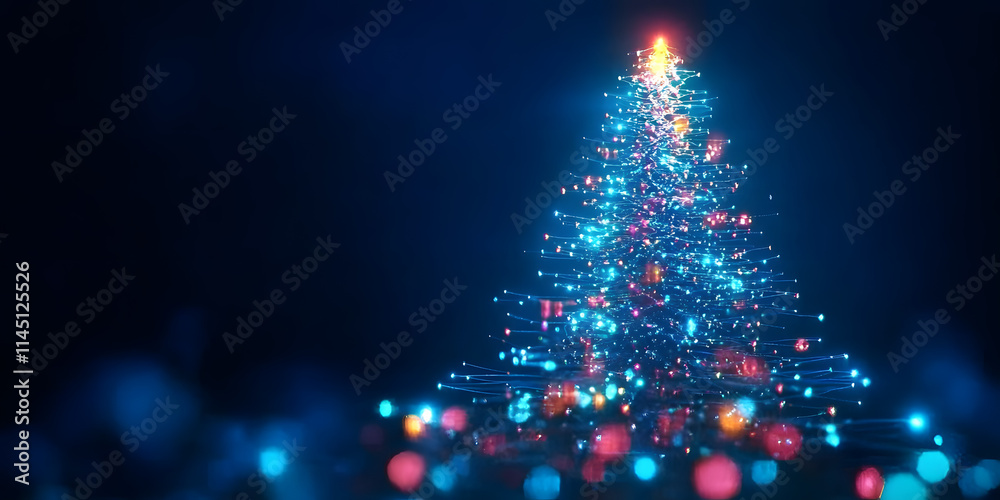 Abstract technological christmas tree shining with light connections on blue background Abstract technological christmas tree shining with light connections on blue background