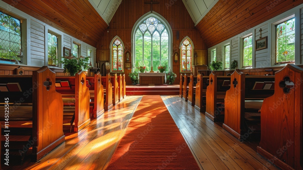 A serene interior of a church with wooden pews, stained glass, and natural light. A serene interior of a church with wooden pews, stained glass, and natural light.