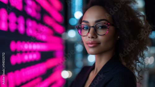 Portrait of an attractive young Black business woman standing in front of a digital wall with pink neon text, blurred background, bokeh effect, New York City at night