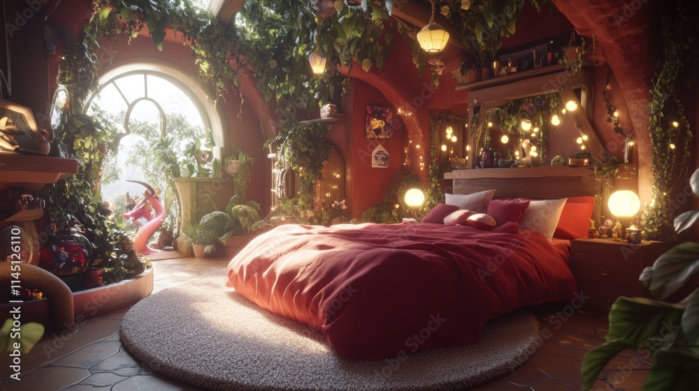 Obraz premium Sunlit bohemian bedroom with red bedding, plants, and arched window.