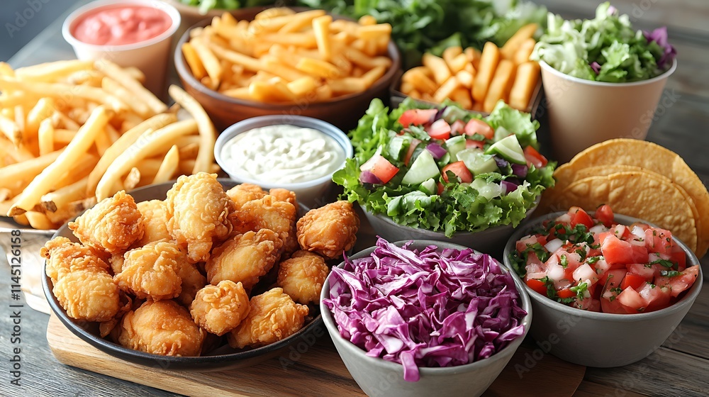 A variety of takeout items including golden fries crispy fried chicken fresh salads and tacos on a wooden table with paper napkins and drink cups A variety of takeout items including golden fries crispy fried chicken fresh salads and tacos on a wooden table with paper napkins and drink cups