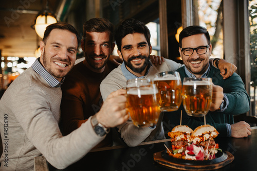 Sticker Group of friends drinking beer and have fun in beer bar