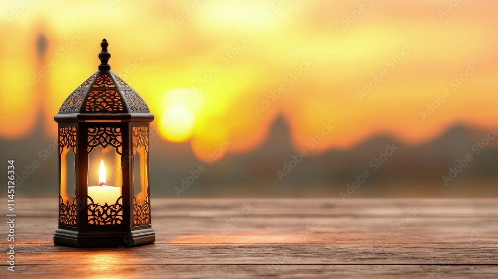 Illuminated lantern on wooden surface at sunset. Illuminated lantern on wooden surface at sunset.