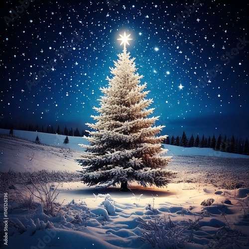 simple, single Christmas tree in a snowy field lit up in the night