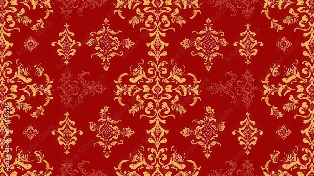 An elegant damask seamless pattern in rich shades of gold and maroon with intricate floral and geometric motifs, geometric, classic An elegant damask seamless pattern in rich shades of gold and maroon with intricate floral and geometric motifs, geometric, classic
