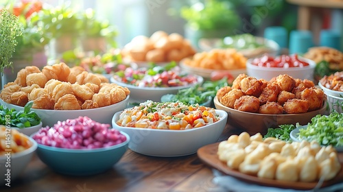 An inviting table spread with a variety of takeout foods like crispy fried chicken gooey pizza and fresh salads styled casually for a group meal photo