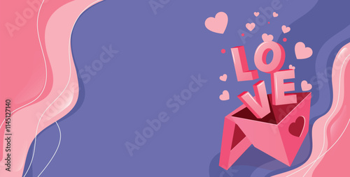 Valentine Day concept. Love 3d word and plenty pink hearts fly out of open gift box, against violet background and copy space for promo text. Vector illustration