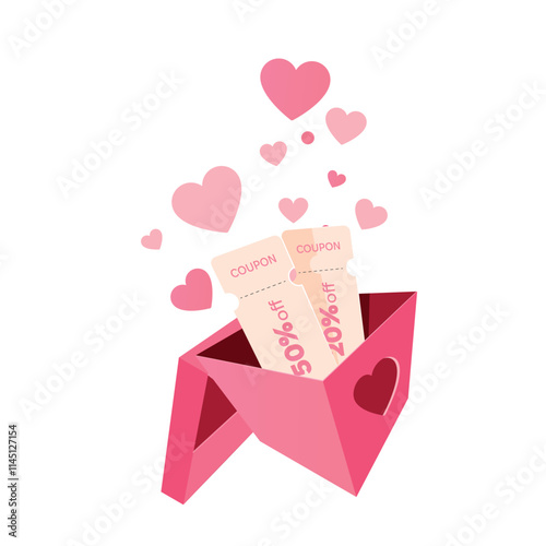 Valentine Day Sale concept. Two promo code Coupons and plenty of pink hearts fly out of the open gift box, isolated on white background. Vector illustration for you design.