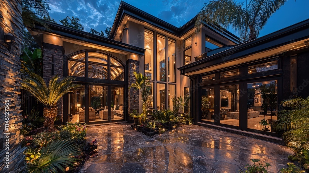Modern luxury home exterior at dusk, showcasing a spacious patio, lush landscaping, and large windows. Modern luxury home exterior at dusk, showcasing a spacious patio, lush landscaping, and large windows.