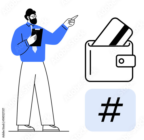 Businessman holding clipboard and pointing towards a wallet with credit card and metadata tag. Ideal for finance apps, digital payments, e-commerce, online banking, fintech industry, business