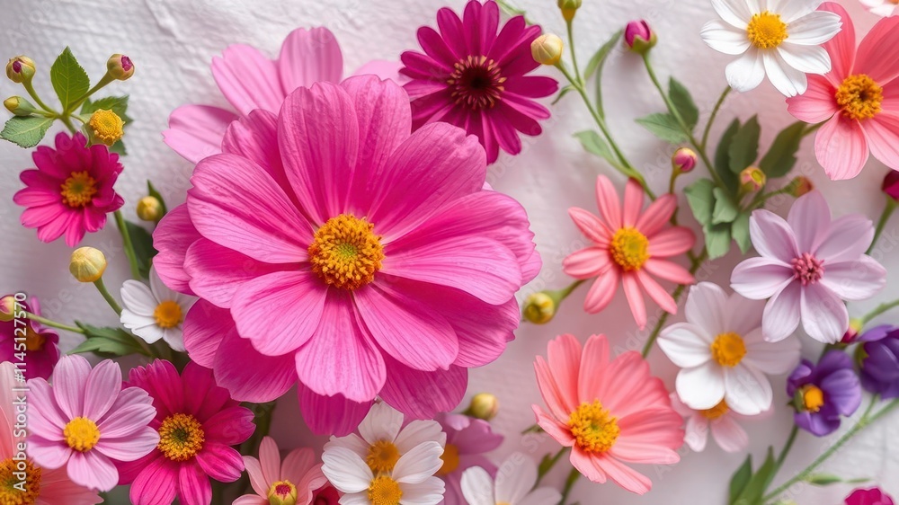 Beautiful spring flowers in various vibrant colors blooming on a soft paper background, vibrant, garden Beautiful spring flowers in various vibrant colors blooming on a soft paper background, vibrant, garden