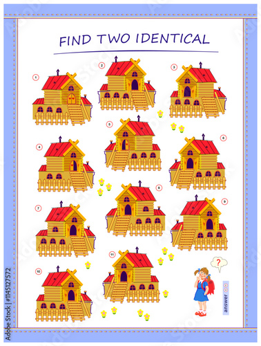 Logic puzzle game for children and adults. Can you find two identical houses? Memory exercises for seniors. Page for kids brain teaser book. Developing spatial thinking. IQ test. Vector illustration.