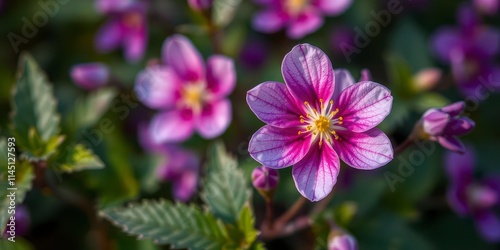 Vibrant purple flower petals and leaves in a lush garden setting, close-up, lush