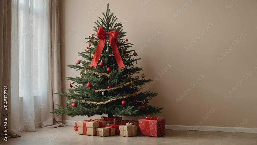 Christmas tree with red bow on beige background