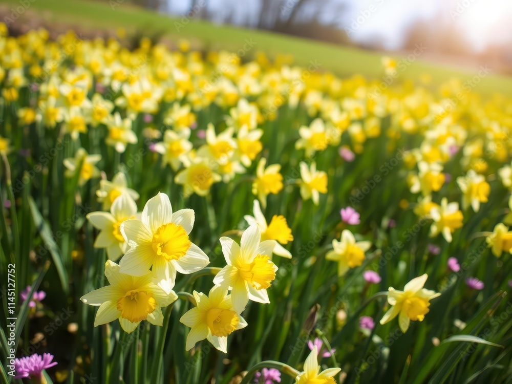 Fototapeta premium Vibrant yellow daffodil flowers blooming in a field under the sunlight, outdoors, meadow, nature