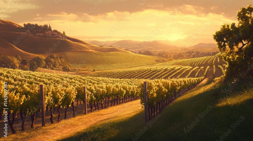 Naklejka premium Golden Hour Vineyard Rolling Hills Tuscan Landscape