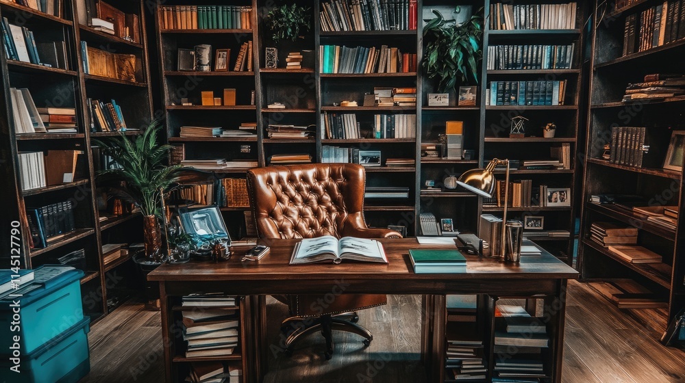 A Luxurious Study With Bookshelves And Leather Chair A Luxurious Study With Bookshelves And Leather Chair