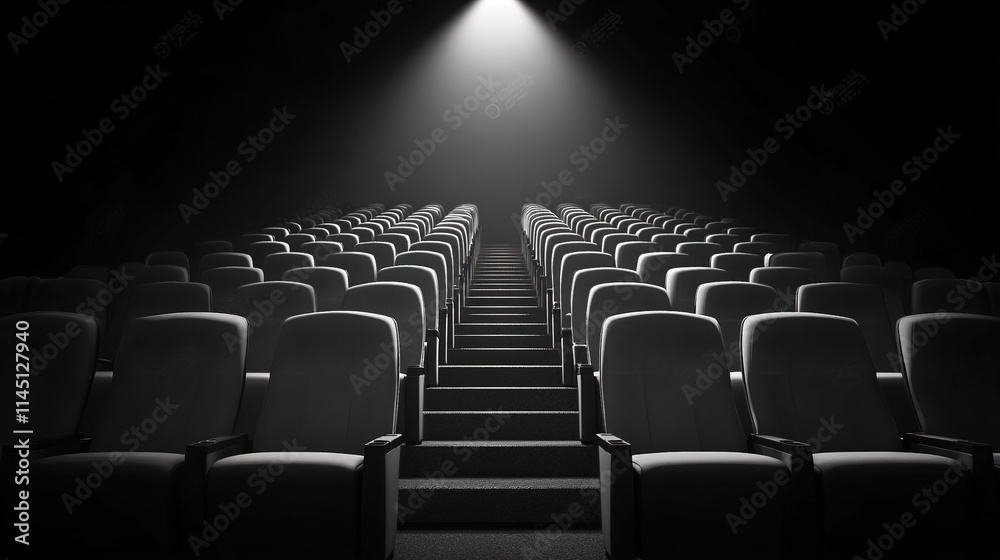 Empty movie theater with spotlight casting a solitary beam on the stage, symbolizing the power of imagination and the potential for new beginnings in a quiet, reflective space. Empty movie theater with spotlight casting a solitary beam on the stage, symbolizing the power of imagination and the potential for new beginnings in a quiet, reflective space.