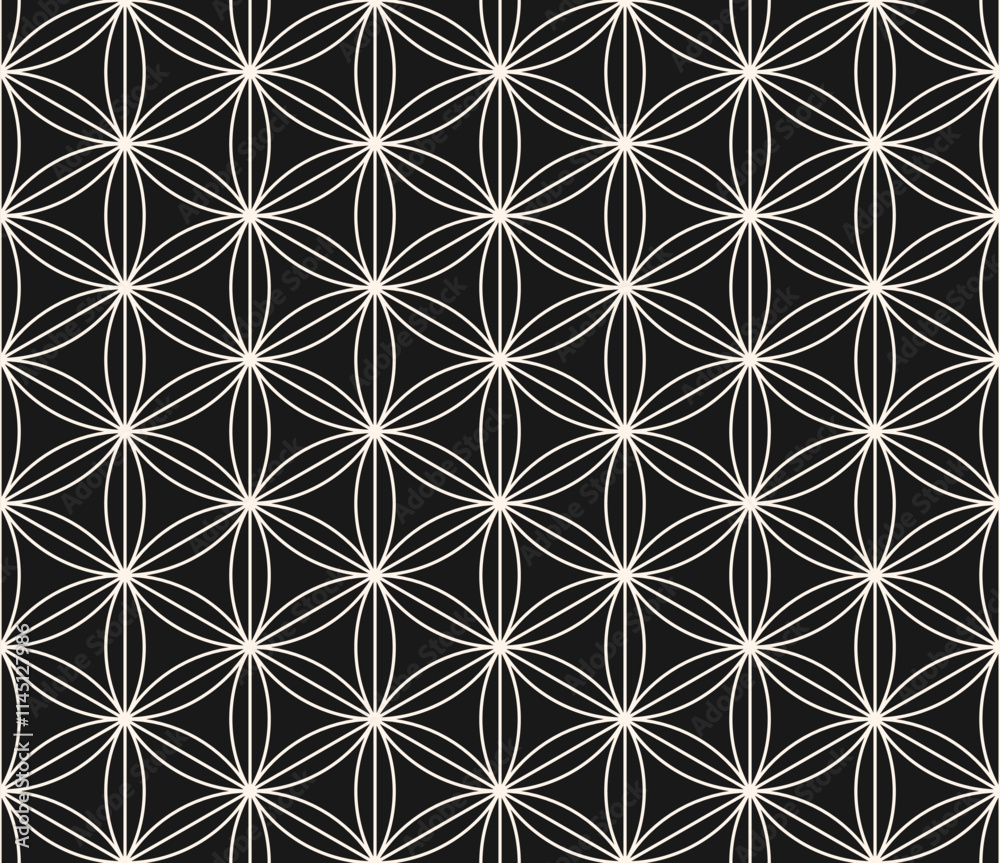 Minimal vector geometric seamless pattern with floral grid, thin lines, hexagons, triangles, circles, lattice. Abstract black and white linear background in oriental style. Repeated dark geo texture Minimal vector geometric seamless pattern with floral grid, thin lines, hexagons, triangles, circles, lattice. Abstract black and white linear background in oriental style. Repeated dark geo texture