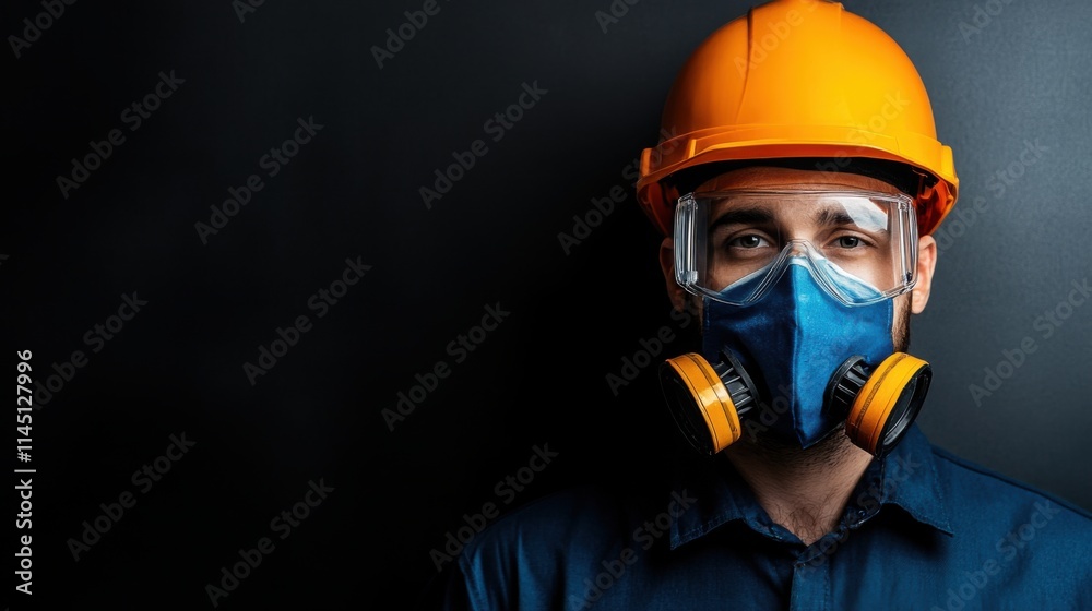 Safety worker with protective gear, goggles, respirator, and orange helmet against dark background Safety worker with protective gear, goggles, respirator, and orange helmet against dark background