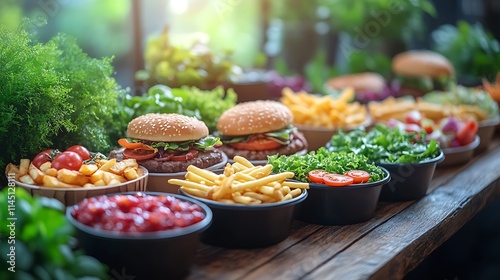 A group of takeout containers with assorted fast food items like burgers fries and salads arranged in a casual spread on a wooden surface photo