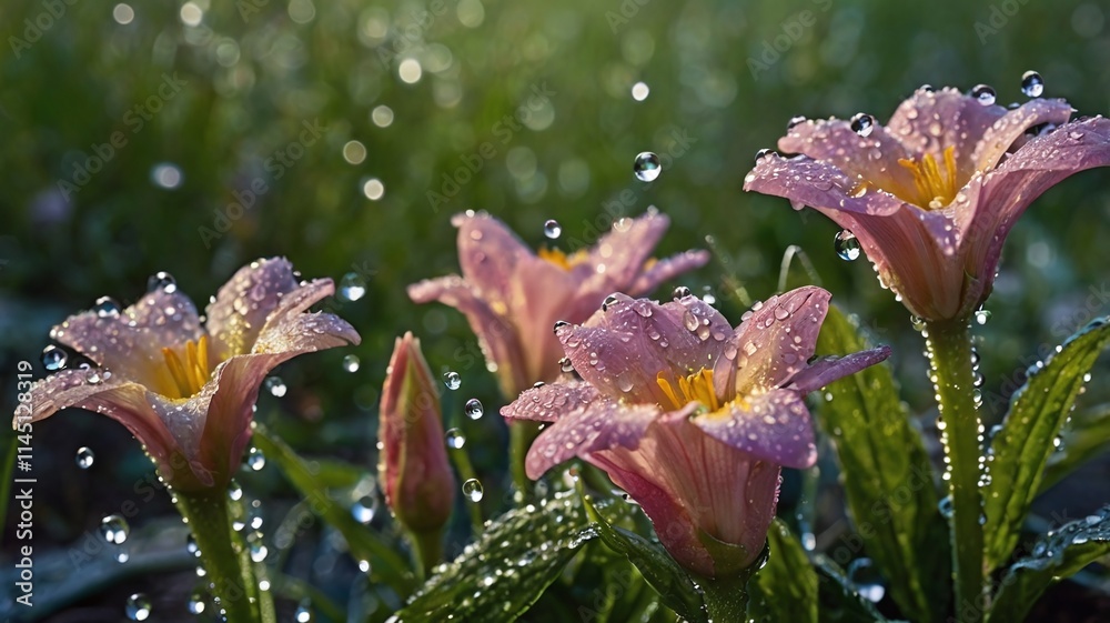 Early morning flowers in bloom with dew and water drops. A macro photograph of a petal on a flower in the early morning. Early morning flowers in bloom with dew and water drops. A macro photograph of a petal on a flower in the early morning.