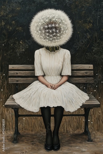 In this artistic image, a dandelion-headed figure in a classic white dress sits on a vintage bench, surrounded by lush foliage, representing whimsy, nature, and individuality in a surreal context.