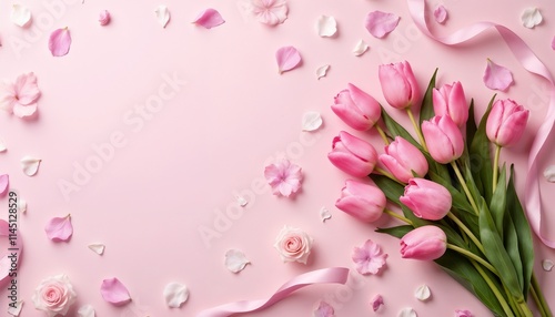 Bouquet of pink tulips on a pastel background