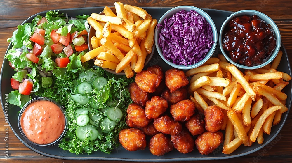 Overhead view of a cozy takeout feast with vibrant foods like golden fries fresh salads and crispy fried chicken styled naturally Overhead view of a cozy takeout feast with vibrant foods like golden fries fresh salads and crispy fried chicken styled naturally