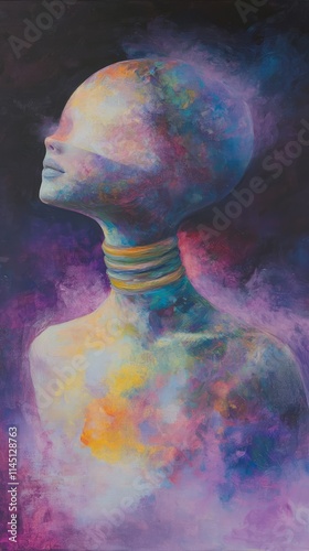 This surreal artwork depicts a human figure immersed in mesmerizing colors and textures, symbolizing introspection and the exploration of identity through an abstract lens.