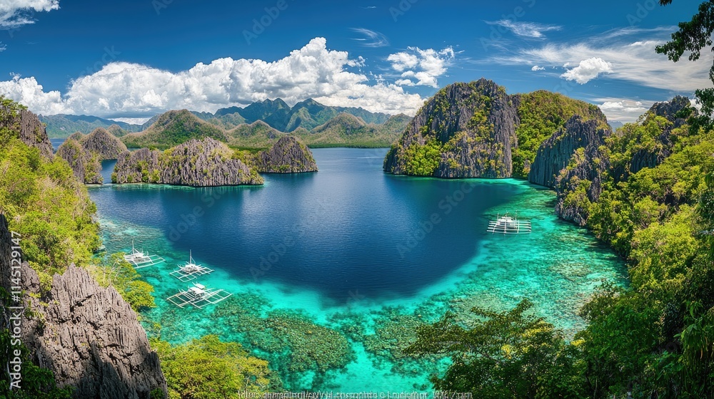 Fototapeta premium Tropical Lagoon Surrounded By Lush Green Mountains And Boats