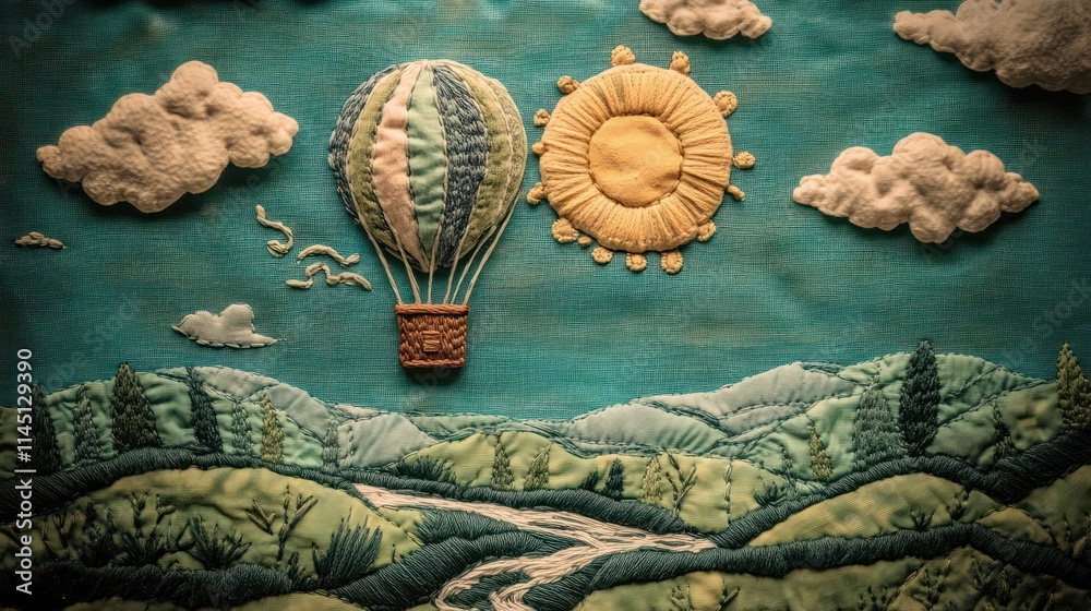 Naklejka premium Textile art depicting a hot air balloon, sun, and landscape.