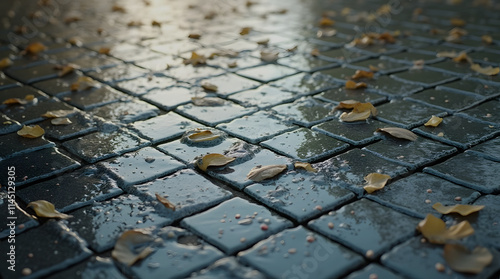 Black wet tiles with leaves and water droplets.