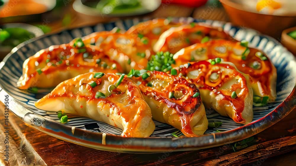 Japanese dumplings Gyoza with vegetables on a plate