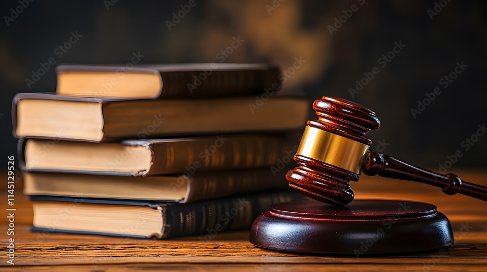 A wooden gavel and books arranged on a wooden table, symbolizing law. A wooden gavel and books arranged on a wooden table, symbolizing law.