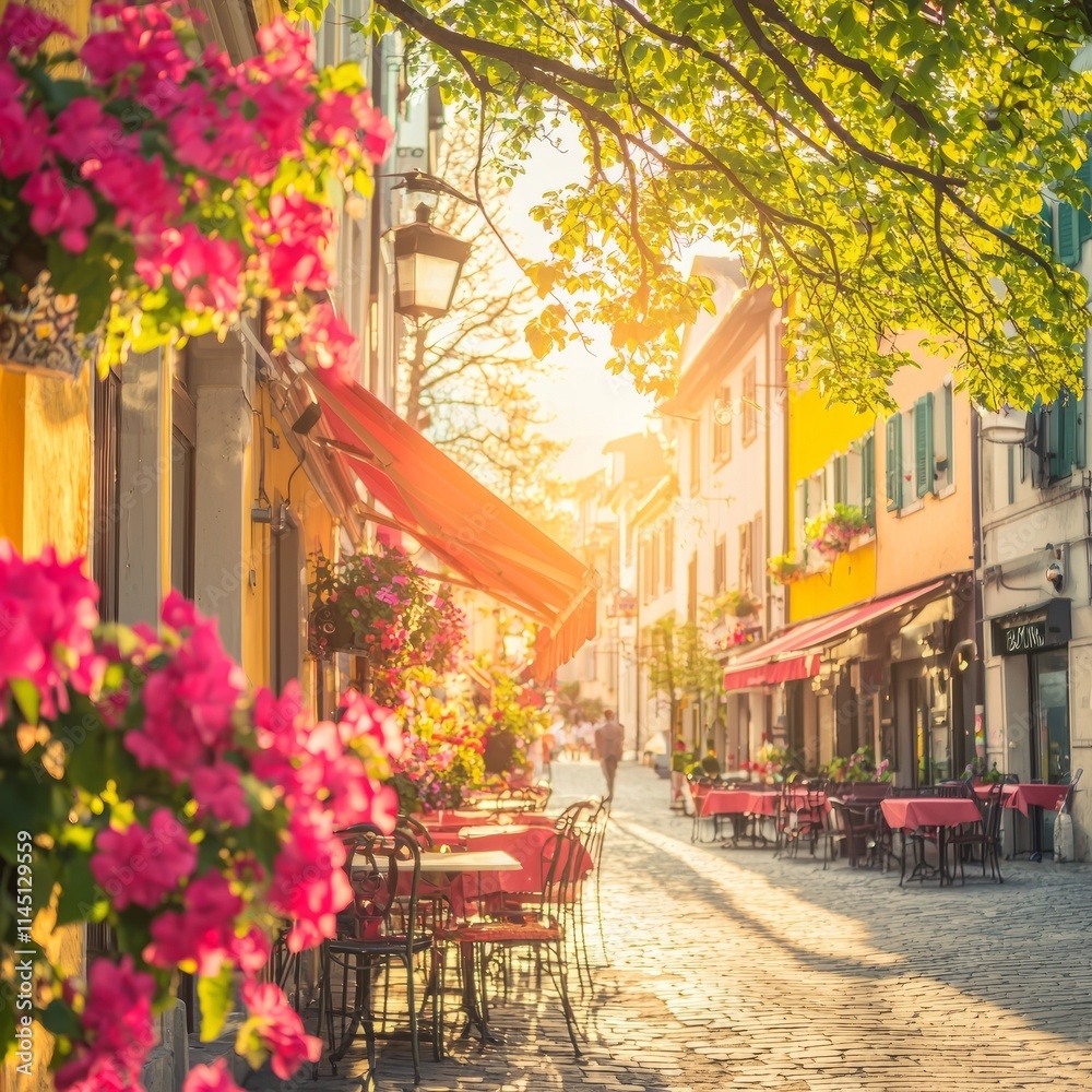 Fototapeta premium Charming street lined with flowers and outdoor dining in a sunny setting.
