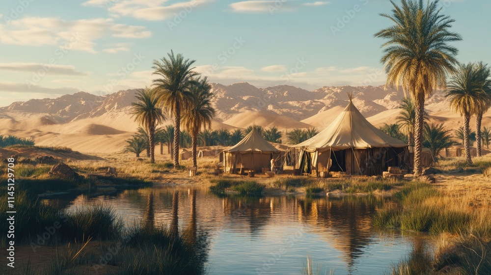Obraz premium Desert Oasis Campsite with Palm Trees and Tents