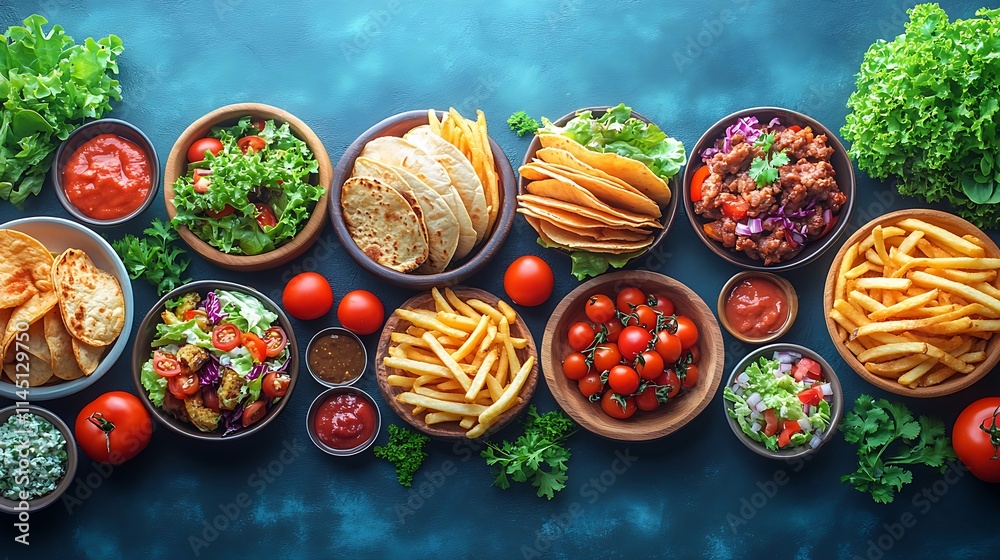A cozy takeout meal with a variety of items like tacos fries burgers and salads placed casually on a rustic table A cozy takeout meal with a variety of items like tacos fries burgers and salads placed casually on a rustic table