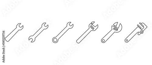 Wrench icon collection. Carpentry and workshop equipment icons. Work tools. A set of work tools. Collection of repair and construction tools in line style vector illustration on transparent background