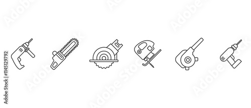 Woodworking machine icon. Work tools. A set of work tools. Collection of repair and construction tools in line style vector illustration on transparent background. Editable stroke.