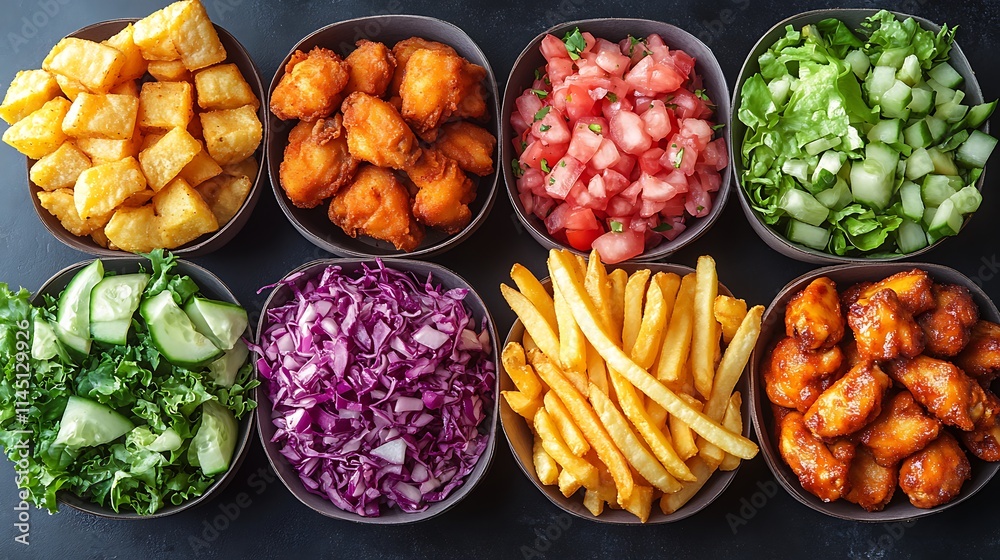 Overhead view of a takeout feast featuring crispy fries tacos golden chicken wings and colorful salads arranged casually Overhead view of a takeout feast featuring crispy fries tacos golden chicken wings and colorful salads arranged casually