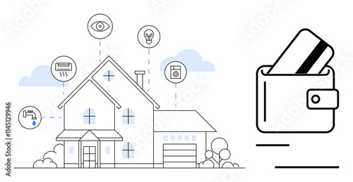 Modern house with icons representing smart features thumbs up security, lighting, HVAC, and appliances, alongside a wallet with a credit card. Ideal for home automation, energy conservation