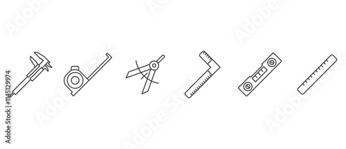 Collection of carpentry measuring tools icons. Carpentry equipment icon. Work tools. A set of work tools. Collection of repair and construction tools in line style vector illustration on transparent.